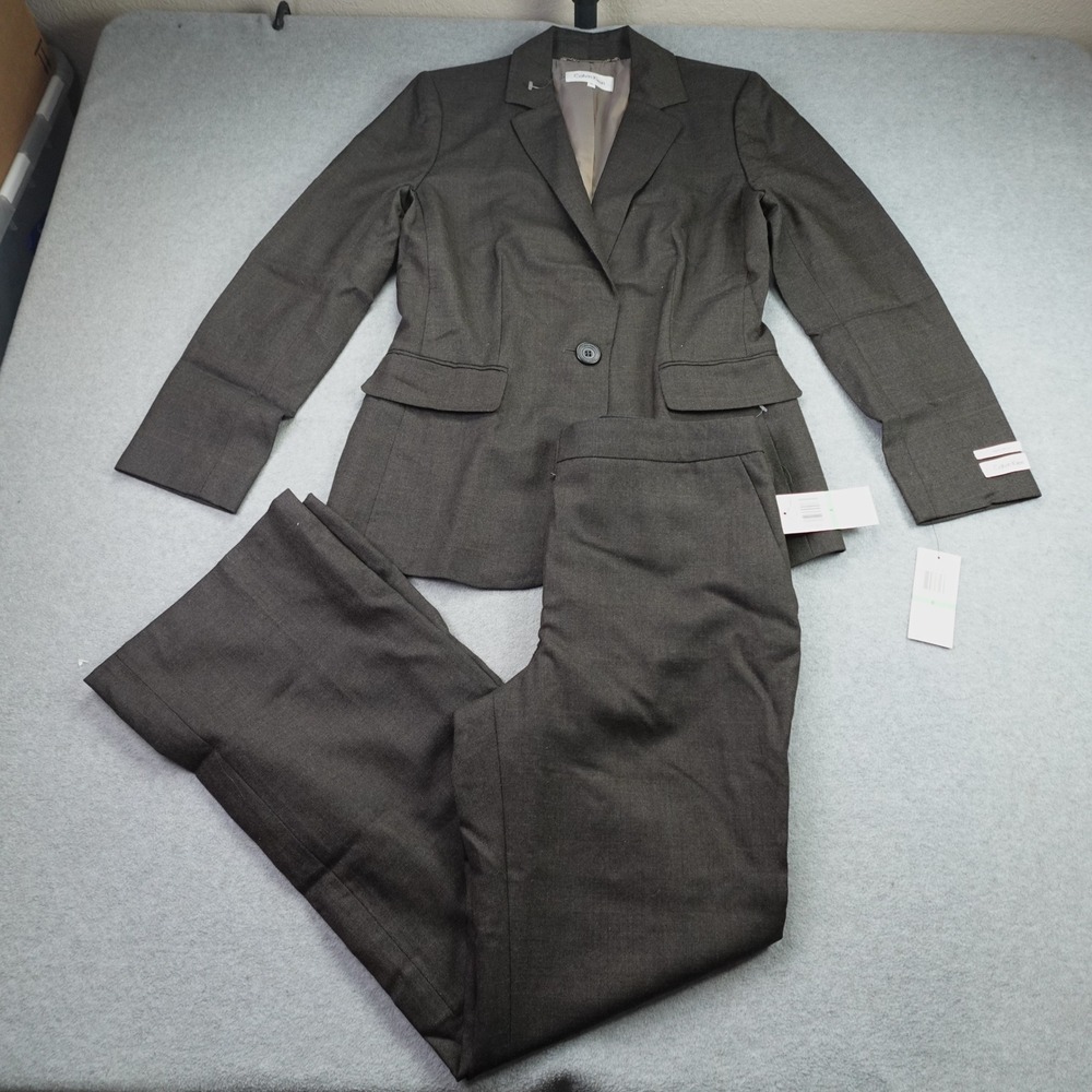 Calvin Klein Pant Suit Womens 8 Brown Windowpane 2 Piece Set Wool